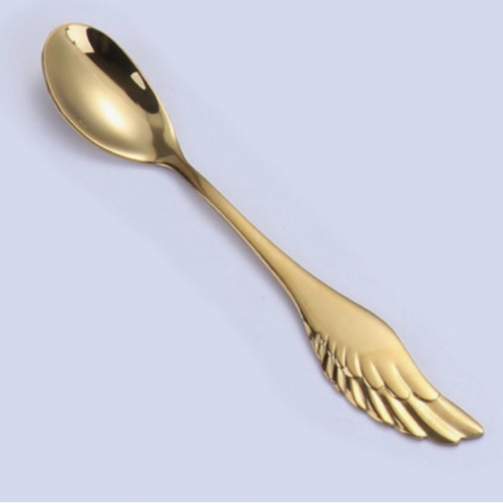 NIB Angels Wings Baby Spoon and Fork Gift Set Gold Tone Stainless Steel - Picture 2 of 10